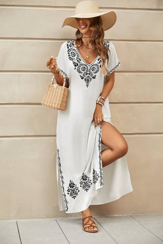 Curvy V - Neck Embroidered Kaftan - Bsubseach