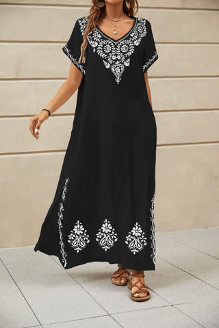 Curvy V - Neck Embroidered Kaftan - Bsubseach