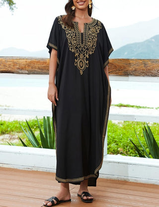 Embroidered Black Kaftan: Short Sleeve Beach Cover - Bsubseach