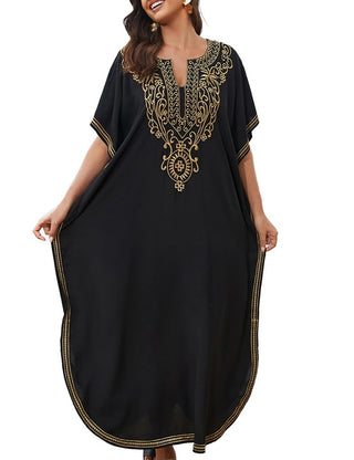 Embroidered Black Kaftan: Short Sleeve Beach Cover - Bsubseach