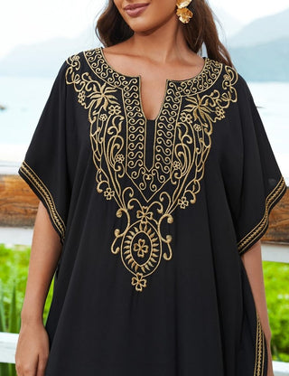 Embroidered Black Kaftan: Short Sleeve Beach Cover - Bsubseach