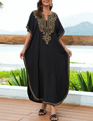 Embroidered Black Kaftan: Short Sleeve Beach Cover - Bsubseach