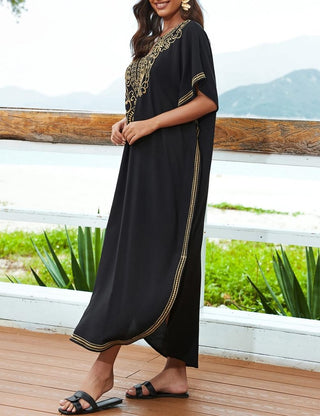 Embroidered Black Kaftan: Short Sleeve Beach Cover - Bsubseach