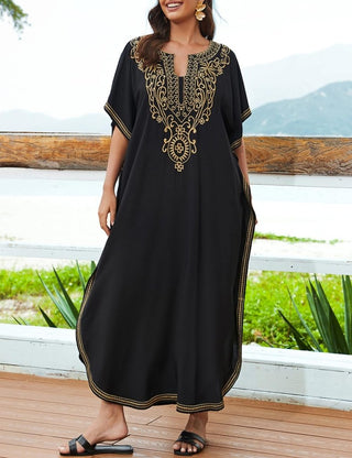 Embroidered Black Kaftan: Short Sleeve Beach Cover - Bsubseach