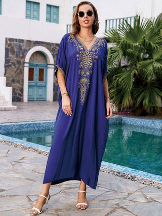 Embroidered Kaftan Swim Cover - Up Women Navy Short Sleeve - Bsubseach