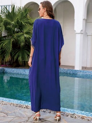 Embroidered Kaftan Swim Cover - Up Women Navy Short Sleeve - Bsubseach