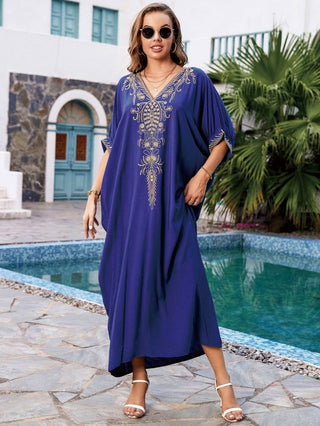 Embroidered Kaftan Swim Cover - Up Women Navy Short Sleeve - Bsubseach