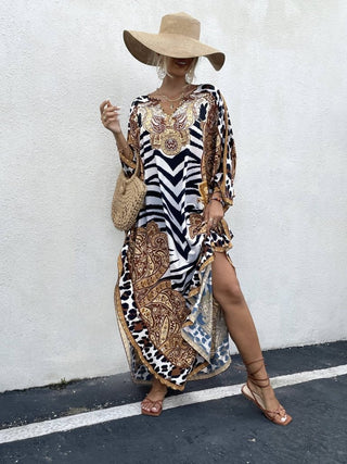 Ethnic Print Boho Caftan Dress for Women Swimwear Cover Ups - Bsubseach