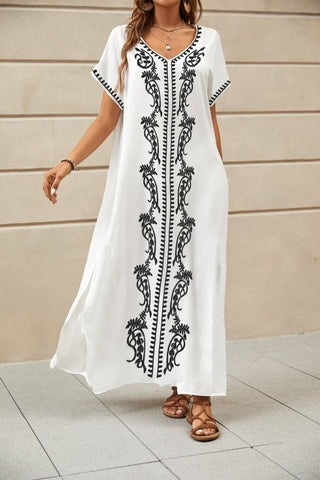 Floral Embroidered V - Neck Swimsuit Cover - Up Caftan Dress - Bsubseach