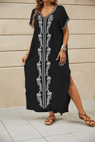 Floral Embroidered V - Neck Swimsuit Cover - Up Caftan Dress - Bsubseach