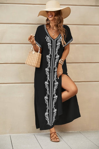 Floral Embroidered V - Neck Swimsuit Cover - Up Caftan Dress - Bsubseach