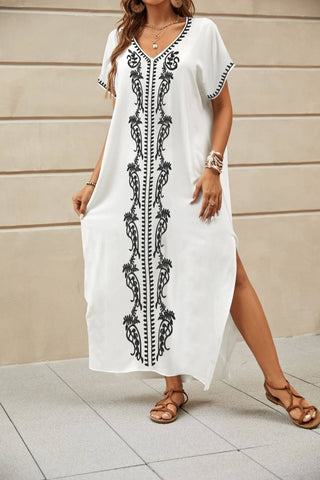 Floral Embroidered V - Neck Swimsuit Cover - Up Caftan Dress - Bsubseach