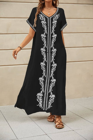 Floral Embroidered V - Neck Swimsuit Cover - Up Caftan Dress - Bsubseach