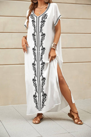 Floral Embroidered V - Neck Swimsuit Cover - Up Caftan Dress - Bsubseach