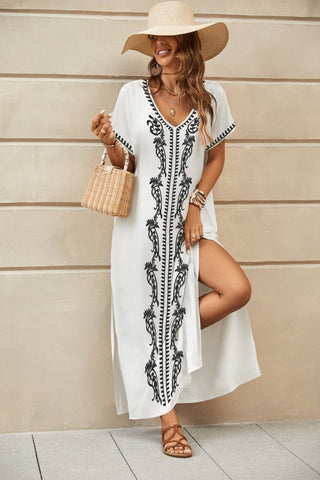 Floral Embroidered V - Neck Swimsuit Cover - Up Caftan Dress - Bsubseach