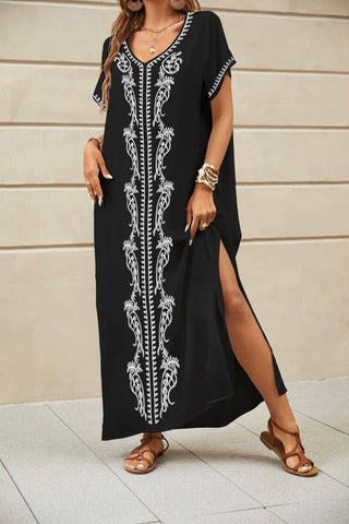 Floral Embroidered V - Neck Swimsuit Cover - Up Caftan Dress - Bsubseach