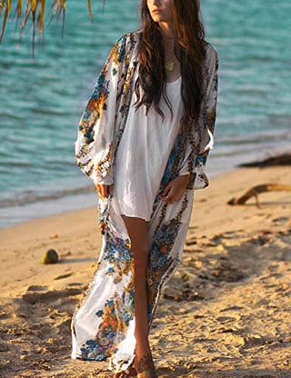 Floral Print Bikini Kimono Cardigan Beach Cover - Up - Bsubseach