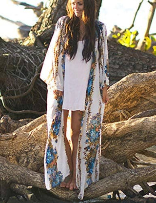 Floral Print Bikini Kimono Cardigan Beach Cover - Up - Bsubseach