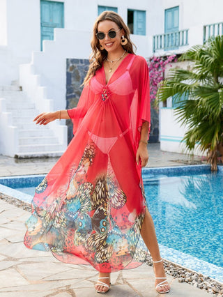 Flower Print Plus Size Kaftan Swimsuit Cover Up - Bsubseach