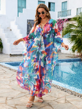 Flower Print Plus Size Kaftan Swimsuit Cover Up - Bsubseach