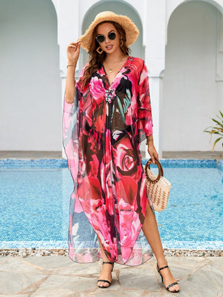 Flower Print Plus Size Kaftan Swimsuit Cover Up - Bsubseach