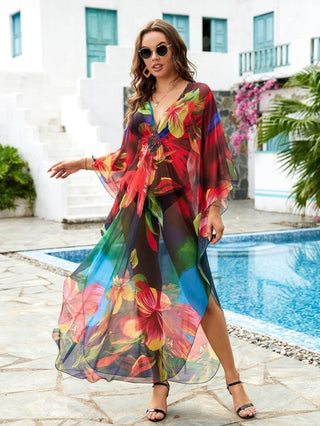 Flower Print Plus Size Kaftan Swimsuit Cover Up - Bsubseach