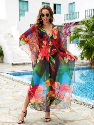 Flower Print Plus Size Kaftan Swimsuit Cover Up - Bsubseach