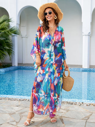 Flower Print Plus Size Kaftan Swimsuit Cover Up - Bsubseach