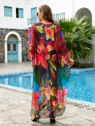 Flower Print Plus Size Kaftan Swimsuit Cover Up - Bsubseach