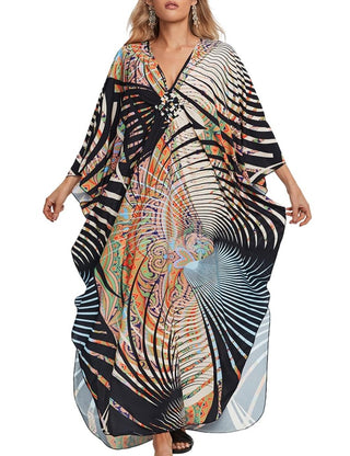 Geometric Lines Caftan: Batwing Sleeve Beach Dress - Bsubseach