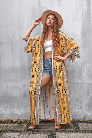 Geometric Print Swimwear Kimono Cardigan - Bsubseach