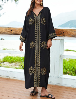 Gold Embroidered Caftan: Women's Bathing Suit Cover - Up for Casual Vacation - Bsubseach