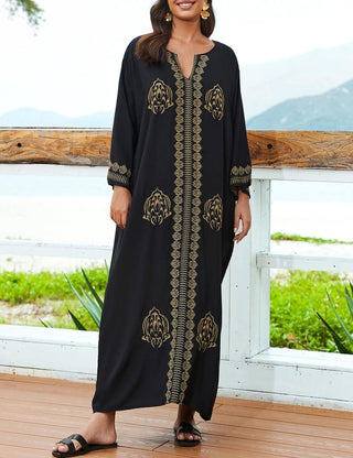 Gold Embroidered Caftan: Women's Bathing Suit Cover - Up for Casual Vacation - Bsubseach