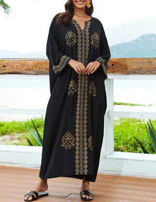 Gold Embroidered Caftan: Women's Bathing Suit Cover - Up for Casual Vacation - Bsubseach