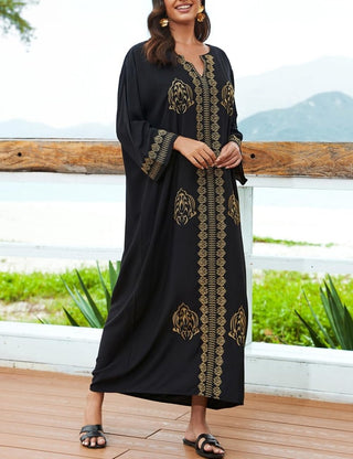 Gold Embroidered Caftan: Women's Bathing Suit Cover - Up for Casual Vacation - Bsubseach