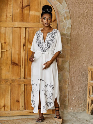 Gold Embroidered Long Beach Kaftan - Bsubseach