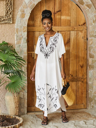 Gold Embroidered Long Beach Kaftan - Bsubseach