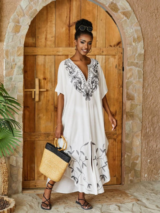 Gold Embroidered Long Beach Kaftan - Bsubseach