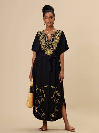 Gold Embroidered Long Beach Kaftan - Bsubseach