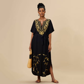 Gold Embroidered Long Beach Kaftan - Bsubseach