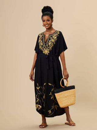 Gold Embroidered Long Beach Kaftan - Bsubseach