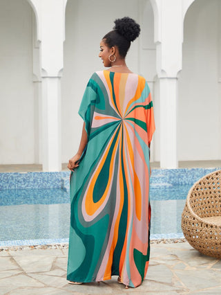 Green Striped Print Batwing Sleeve Kaftan Cover - Up - Bsubseach