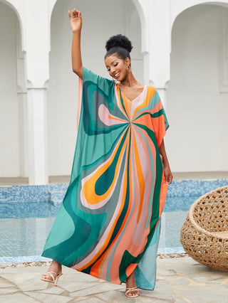 Green Striped Print Batwing Sleeve Kaftan Cover - Up - Bsubseach