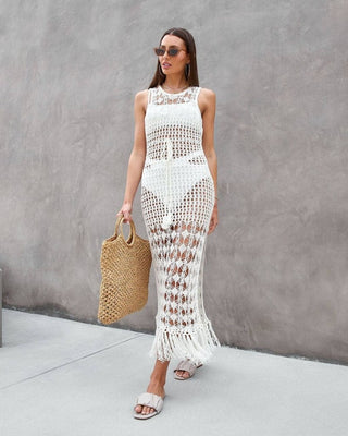 Hollow Out Mesh Crochet Long Sleeve Dress - Bsubseach