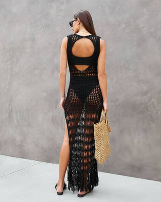 Hollow Out Mesh Crochet Long Sleeve Dress - Bsubseach