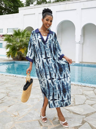 Long Beach Swimsuit Cover Up Blue Tie Dye V Neck Kaftan - Bsubseach