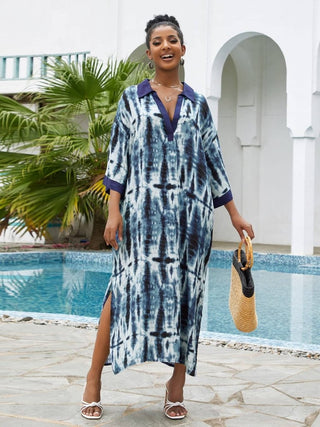 Long Beach Swimsuit Cover Up Blue Tie Dye V Neck Kaftan - Bsubseach