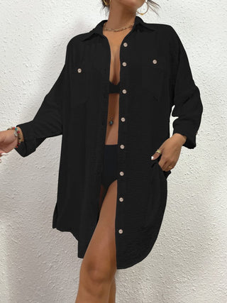 Long Button Down Bikini Cover Up Shirt - Bsubseach