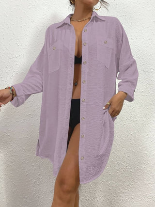 Long Button Down Bikini Cover Up Shirt - Bsubseach