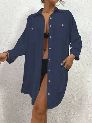 Long Button Down Bikini Cover Up Shirt - Bsubseach